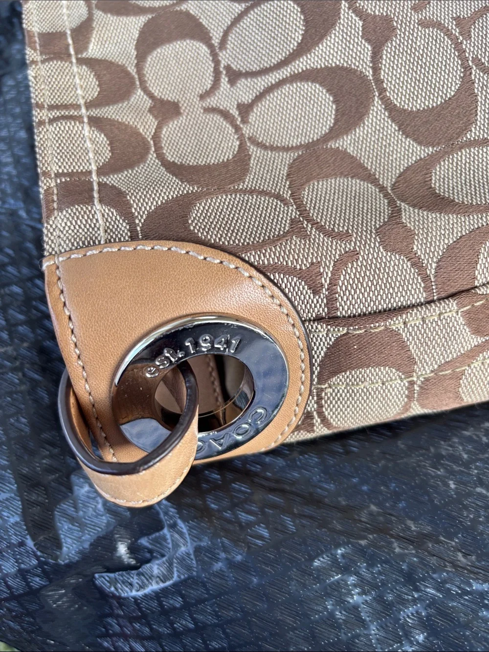VTG Coach Brown Signature jacquard Canvas & Tan Leather shoulder Bag